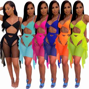 Pantalon deux pièces pour femmes Neon Women Bikini Wear Bretelles spaghetti Body skinny + Sheer Mesh Hollow Out Shorts Sexy See Through Club Party Shorts Set J230713