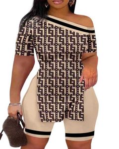 Tweedelige broek voor dames nieuwe mode casual schuine nek off schouderafdruk set maat plus tweedelig sets