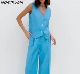 Pantalon de deux pièces pour femmes Nomikuma 2024 Blue Coton Blue Cotton Linn 2 pièces sets Femmes Summer Fashion Sans manche