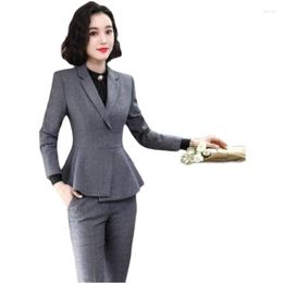 Pantalones de dos piezas para mujer Novedad Gris Trajes formales de negocios para mujer Diseños de uniformes Blazers Otoño Invierno Oficina profesional Carrera para damas