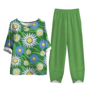 Tweedelige broek voor dames o nek tops tweedelig sets zonnebloem afdrukken schattig patroon halve slves sets met lange broekzakken winterval voor vrouwen kleding y240426