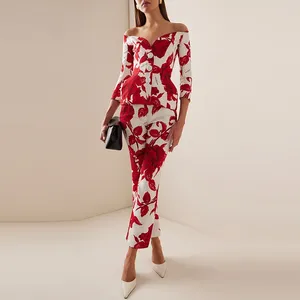 Dames tweedelige broek Odoodem Dames Fashion Off Shoulder Floral Print 3/4 Sleeve 3d Rose Top Cropted rechte outfits