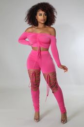 Pantalon de deux pièces pour femmes sur l'épaule 2 pièces ensemble femmes sexy à manches longues à lacets froncé haut court découpé à lacets pantalon maigre club tenues de fête ensembles 230225