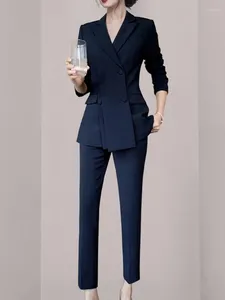 Pantalon de deux pièces pour femmes bureau dames blazer et pantalon costume femmes mode bleu solide veste formelle pantalon femme affaires vêtements de travail 2 ensemble