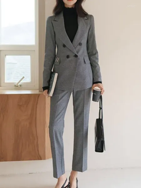 Pantalones de dos piezas para mujer Office Lady Elegante Casual Solid Blazer Pantsuit Mujer Moda Vintage Business Chaquetas y piezas Trajes femeninos