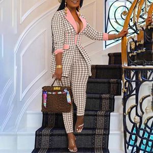 Pantalon de deux pièces pour femmes Office Lady Tenues Femmes Turn Down Col Houndstooth Imprimer Manches longues Corset Blazer Manteau Set Casual PiecesW