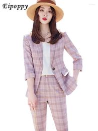 Dames tweedelige broek Kantoor Lady Zomer Business Work Wear Pant Suit Women Pink Blue Abrikoos Plaid Half Sleeve Blazer en een broek formeel