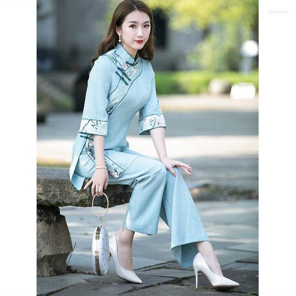 Pantalon de deux pièces pour femmes Costume de bureau Slim Femmes Mode d'été Style chinois Cheongsam Qipao Chemise Tops Élégant Jeune Fête Ethnique