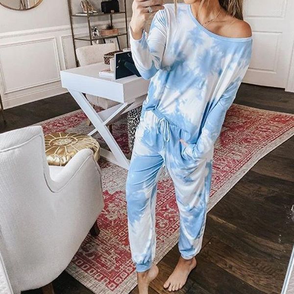 Pantalones de dos piezas para mujer OMSJ 2023 2 Conjunto Cambio gradual Tie Dye Print Azul claro Casual Camiseta de manga larga Trajes elegantes para mujer