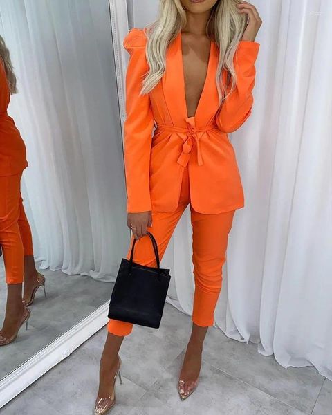 Pantalon deux pièces pour femmes, Blazer ouvert sur le devant, haut et pantalon, tenues de Club Sexy, ensemble cravate unie, Streetwear Orange, automne 2 pièces