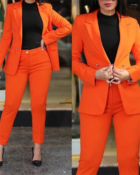 Pantalon de deux pièces pour femmes Orange Femme 2 Set 2023 en affaires décontractées Blazers à double boutonnage Veste élégante dames formelles ensembles de pantalons