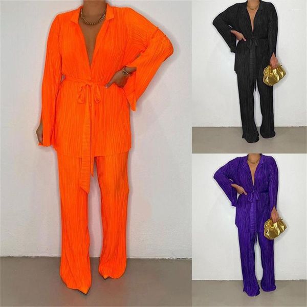 Pantalones de dos piezas para mujer, traje de camisa naranja para mujer, conjunto de dos piezas 2023, Tops de gasa de manga larga, pantalón de pierna ancha, chándal, conjuntos informales elegantes para mujer