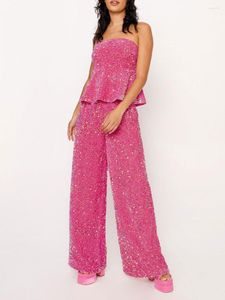 Tenue pantalon deux pièces pour femmes, haut court à paillettes scintillantes, haut tubulaire à paillettes brillantes, jambes larges, ensemble Long, vêtements de boîte de nuit Disco