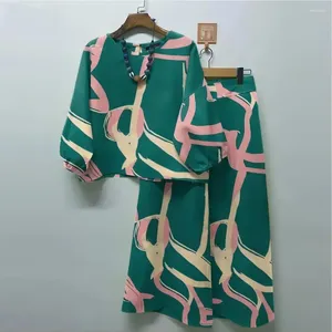 Conjunto de pantalones de dos piezas para mujer, conjunto de dos piezas, blusa Vintage, pierna ancha, estampado Floral bohemio, manga 3/4 para mujer