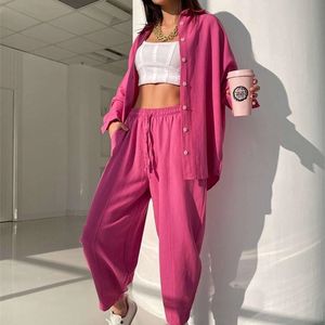 Tweede stuk broek met dames oversized shirt tops harem broek sets vrouwen lange mouw shirts matching 2 -delige set casual veer single breasted bovenste pak 220913