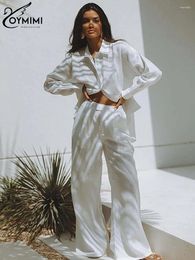 Pantalon de deux pièces pour femmes Oymimi Coton blanc décontracté Femmes 2 Tenue de set des chemises à bouton à manches longues et à la taille haute droite