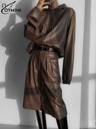 Pantalon de deux pièces pour femmes Oymimi Fashion Brown Pu Leather 2 Set Tentifit 2023 Hiver à manches longues à manches longues avec taille haute 231206