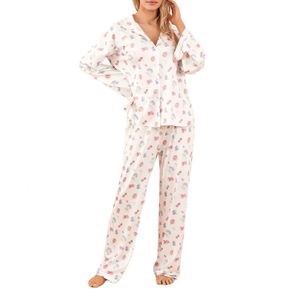 Pantalon deux pièces pour femmes, ensemble pyjama 2 tenues de salon, chemise boutonnée à manches longues, hauts et pyjamas assortis, vêtements de nuit 231218