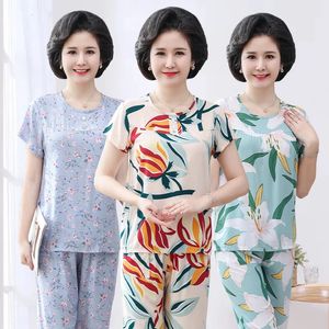 Tweedelige damesbroek Pyjama Dames Zomer Dunne korte mouwen voor mama Moeder Homewear 2-delige set Grote bijpassende sets huiskleding nachtkleding 231021