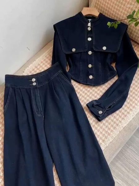 Femmes deux pièces pantalon pantalon ensembles printemps automne Denim manteau Vintage large jambe jean col rabattu veste Y2k Style survêtement 2 Femme