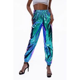 Tweedelige damesbroek Pantalon metallique Hiphop de rue decontracte pour femme hologramme brillant laser adt aspect de 231206