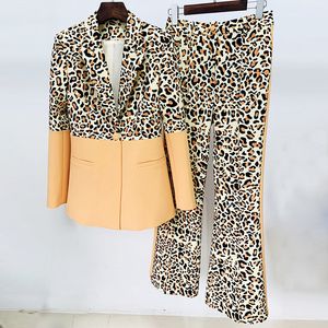 T084, pantalones de dos piezas para mujer, conjunto de dos piezas, estampado de leopardo, traje Formal acampanado de un solo botón para mujer de oficina para mujer