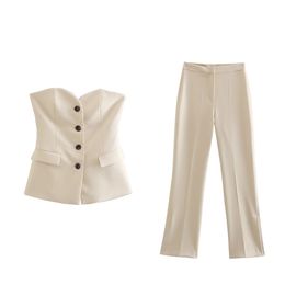 Tweedelige broek voor dames PB ZA Women Fashion Two Piece Outfits Mouwloze jas met één breasted Solid Slim Top High Taille Wide been broek vrouwelijk Set 230425
