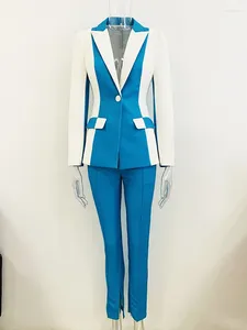 Pantalon de deux pièces pour femmes Costume crayon Bleu Blanc Couture Femmes Slim Fit Blazer Tenues Formelles Vêtements d'affaires Ensembles de veste classique