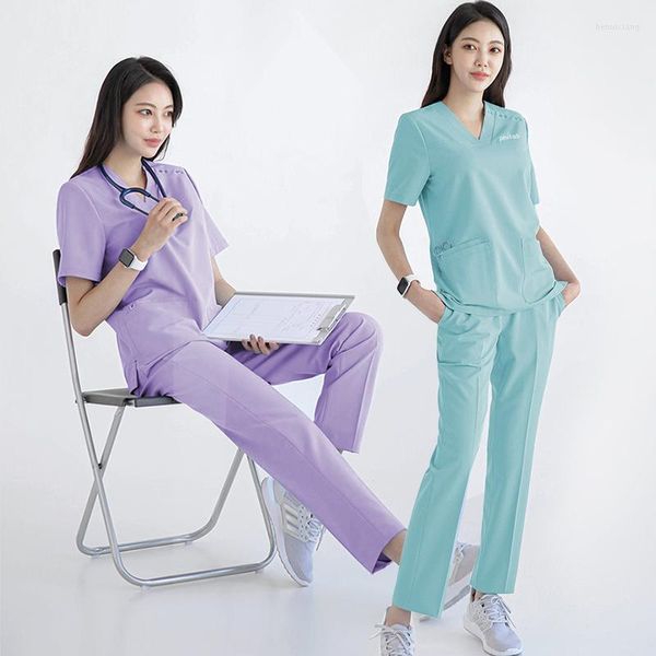 Pantalones de dos piezas para mujer, uniforme de trabajo para clínica Personal, ropa de trabajo de verano para enfermería, conjuntos de trabajo de Color sólido Dental