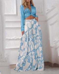 Dames tweedelige broek PUTE SET VROOT VROUW AUTUND FASOM RAPEL LANG MEEVE Korte Top High Taille Wide Leg Dames Elegant 2