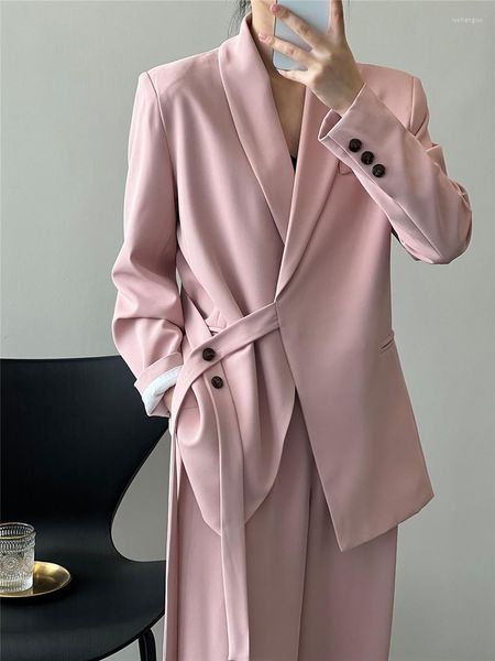 Femmes deux pièces pantalons pièces costumes élégants pour femmes 2023 à manches longues rose Blazers jambe large col cranté printemps OL manteaux ensembles femme C02