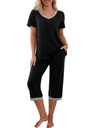 Pantalon deux pièces femme Pigiama Donna Estivo Cotone Corto Manica Corta Pigiami Da Set Estivi Corti Vêtements de nuit HomewearFemme