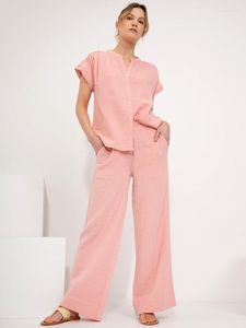 Pantalon deux pièces femme rose coton lin 2 ensemble pour femme Chic col rond chemise à manches courtes et taille haute jambe costume 2023 été décontracté vacances