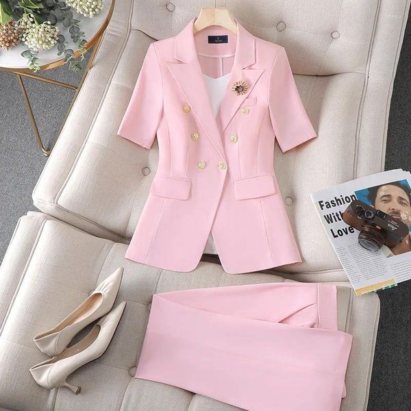 Pantalon à deux pièces pour femmes veste de costume à manches courtes rose