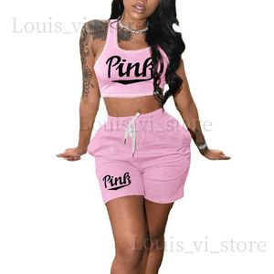 Dames Tweedelige broek Roze shorts Sets Modieus 2 Tweedelige Trainingspakken Outfits Letter Roze Print O-hals Mouwloos Crop Top Korte broekset Sportief T240222