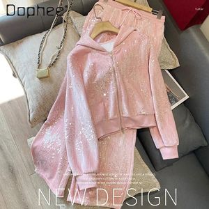 Pantalon de deux pièces à deux pièces Suit rose pour les femmes à hache-fermeture à palette à paillettes à capuche à swetshirts féminins 2024 Fashion Spring High Wide jambe large