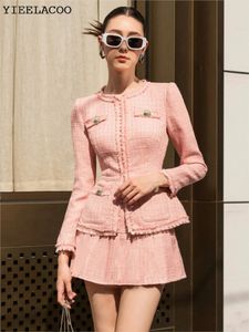 Dames tweedelige broek roze tweed jasje rok pak mode afslanken professionele set herfst winter klassiek 2-delig 231116
