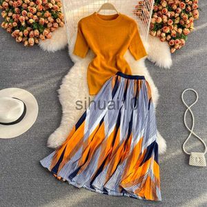 Pantalon deux pièces pour femmes Pinkou femmes élégant chemisier orange ensemble chemise tricotée à manches courtes taille élastique jupe mi-longue été deux pièces ensemble Mujer TZ33 J230717