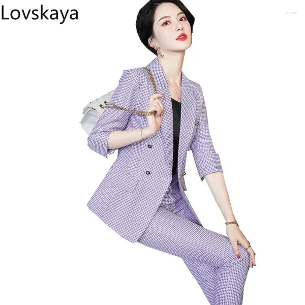 Pantalones de dos piezas para mujeres chaqueta de media manga a cuadros y pantalón formal 2 set blazer summer consultorio de oficina ropa pantalón mujer rosa púrpura