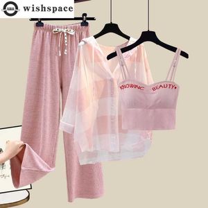 Pantalones de dos piezas para mujer Camisa de gasa de retazos a cuadros Pantalones de pierna ancha con tirantes rosados Conjunto de pantalones de mujer elegantes de tres piezas Trajes de ropa deportiva de verano