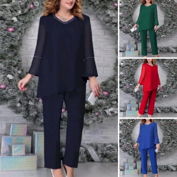 Pantalon deux pièces pour femmes, grande taille, ensemble formel, vêtements pour femmes, élégant, col en V, ourlet irrégulier, coupe ample pour l'automne