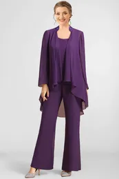 Calças femininas de duas peças Plus Size Mãe da Noiva Roxo Chiffon Sparkly Lantejoulas Patchwork Irregular Hem Jacket Três Pant Terno Mulheres