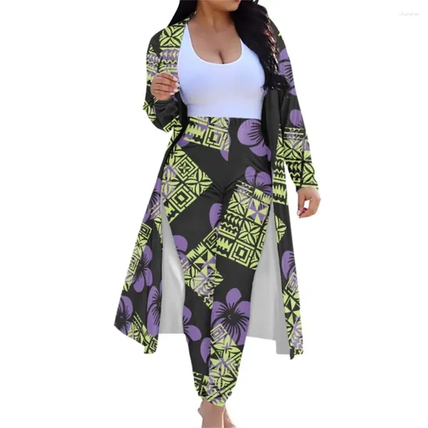 Pantalon de deux pièces pour femmes, imprimé tribal polynésien hawaïen, automne 2, manches longues, cardigans ouverts devant, kimono, costumes slim pour dame