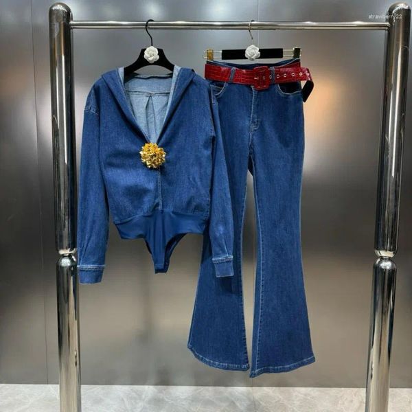Pantalon de deux pièces pour femmes PREPOMP 2024 Printemps à capuche Golden Petal Applique Pin Denim Bodys Long Flare Jeans Set Survêtements GP464
