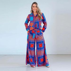 Tweedelige broek voor dames, bedrukt overhemd, 2-delige set, dames, revers met enkele rij knopen, losse overhemden, tops en wijde pijpen, hoge taille, broekpakken