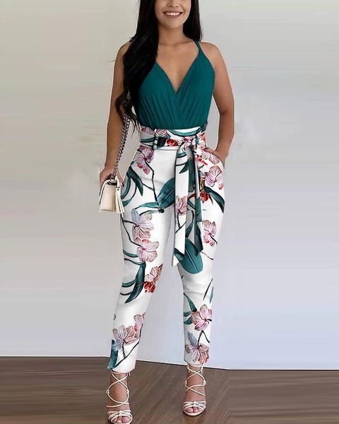 Pantalones de dos piezas para mujer, trajes de tanque estampados, pantalones de lápiz de flores de verano para mujer, camisola con pliegues, Top con cordones, bolsillo, sin espalda, hasta el tobillo