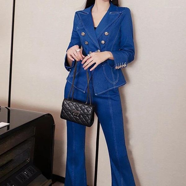 Pantalon de deux pièces pour femmes Mode professionnelle Blue Jeans Denim Costume Set Office Lady Wear Flare