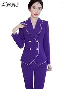 Pantalon de deux pièces pour femmes violet noir double boutonnage femmes pantalon costume blazer bureau dame formelle 2 ensemble femme d'affaires vêtements de travail veste et