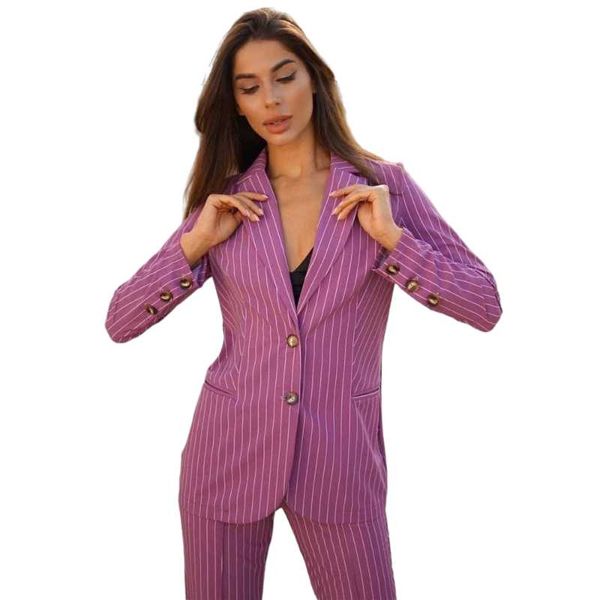 Pantalon de deux pièces pour femmes Blazer à fines rayures violettes costumes femmes 2 pièces coupe ajustée bouton soirée soirée bal bureau dame tenue smoking ensemble (Jacke