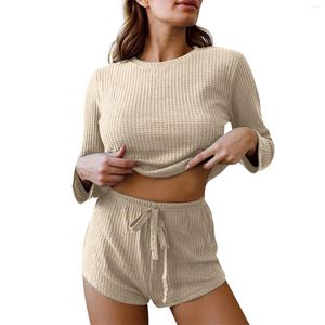 Ensembles de pyjama deux pièces pour femmes, vêtements de détente doux, hauts à manches longues, shorts assortis, ensemble de pyjama pour la maison, vêtements de nuit de couleur unie